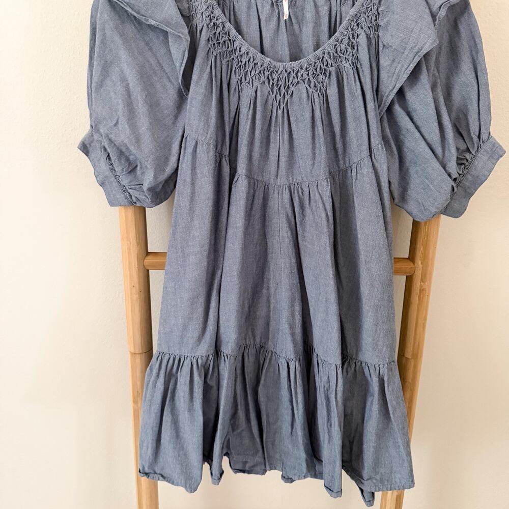 Free People Amelie Denim Mini Dress Blue Chambray Ruffle Puff Sleeve XS EUC - Picture 6 of 13